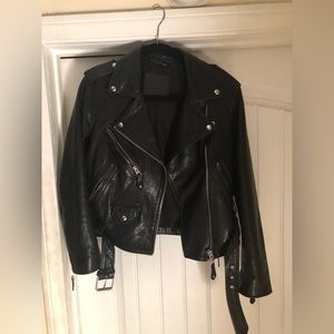 ALLSAINTS Sarana Lace Up Moto Zip Buckle Short Black Leather Jacket
